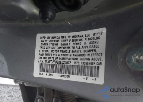 2019 Honda Civic Sport из США, поврежденный, VIN 19XFC2F89KE020672